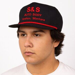 VTG S & S Auto Body Hamilton Montana Trucker Hat Black Red USA Made Adjustable‎